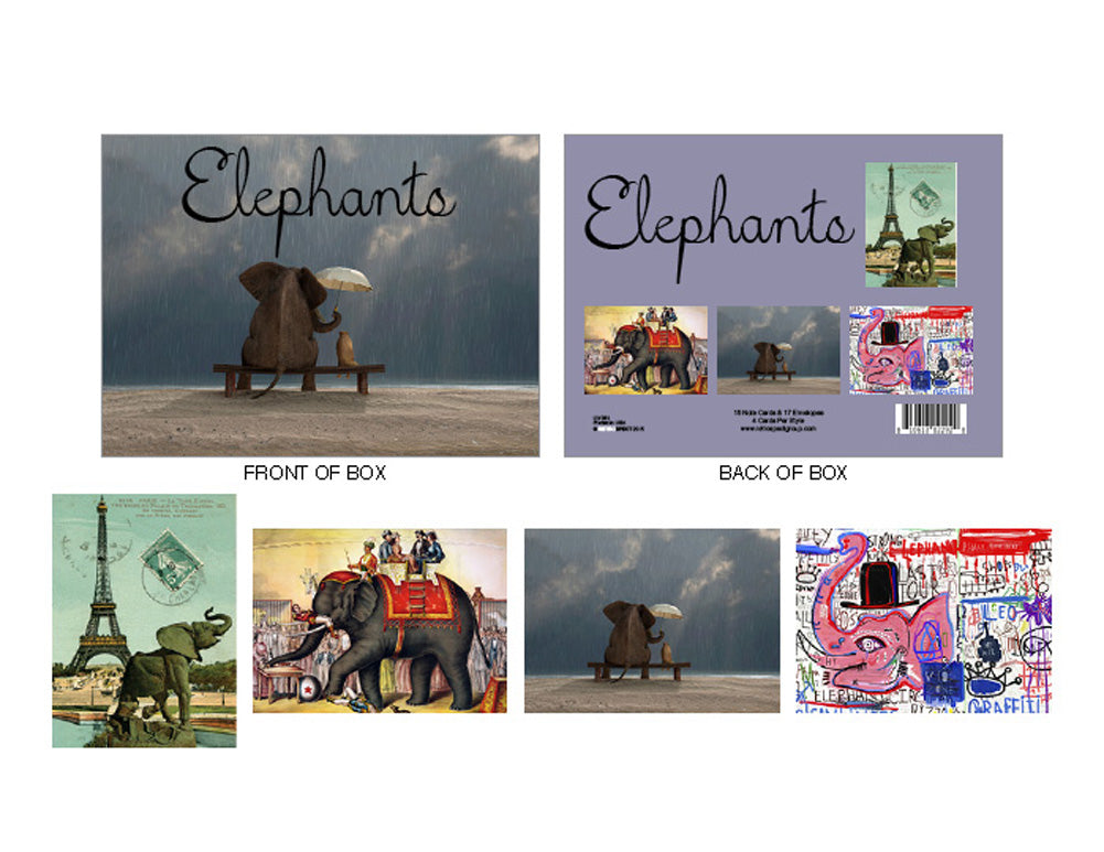Elephants Paintings Artwork Note Cards Boxed Set of 16 with Envelopes
