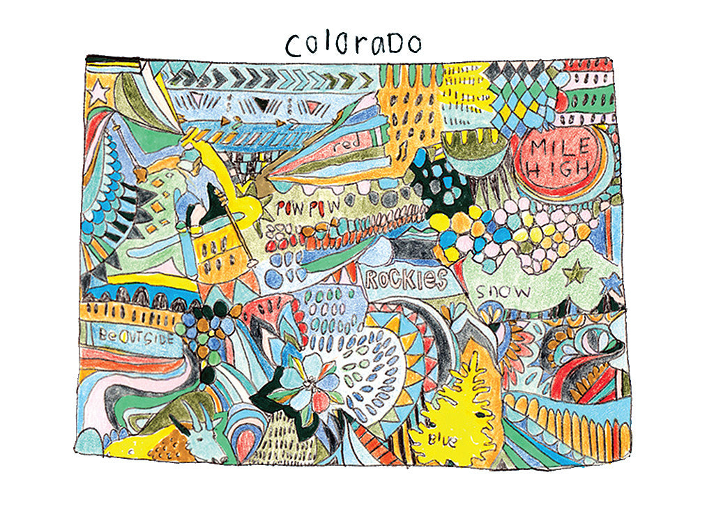 Medium zoom view, unpackaged, showing the whole Doodle Colorado design printed on the towel.