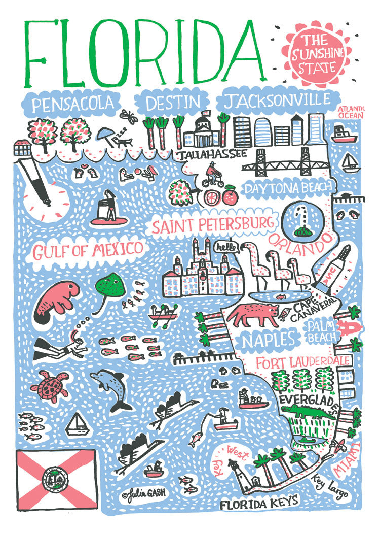 Medium zoom view, unpackaged, showing the whole Statescapes Florida design printed on the towel.