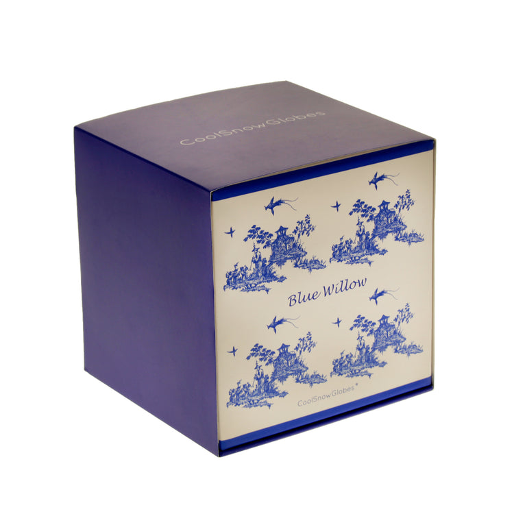 Blue Willow Cool Snow Globe blue and white gift box with graphic print.