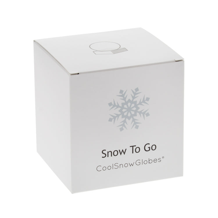 Snow to Go 65mm Small Snow Globe, white box package with snowflake on front and logo on top.