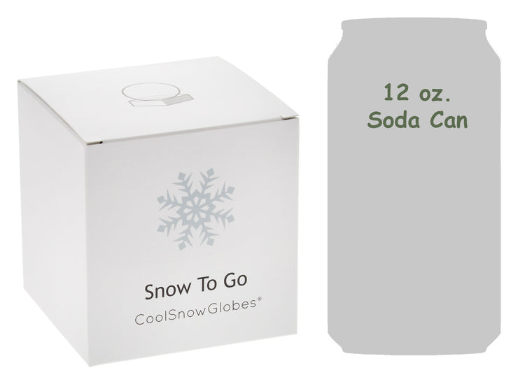 Snow to Go 65mm Small Snow Globe, size compared to 12 ounce soda can.