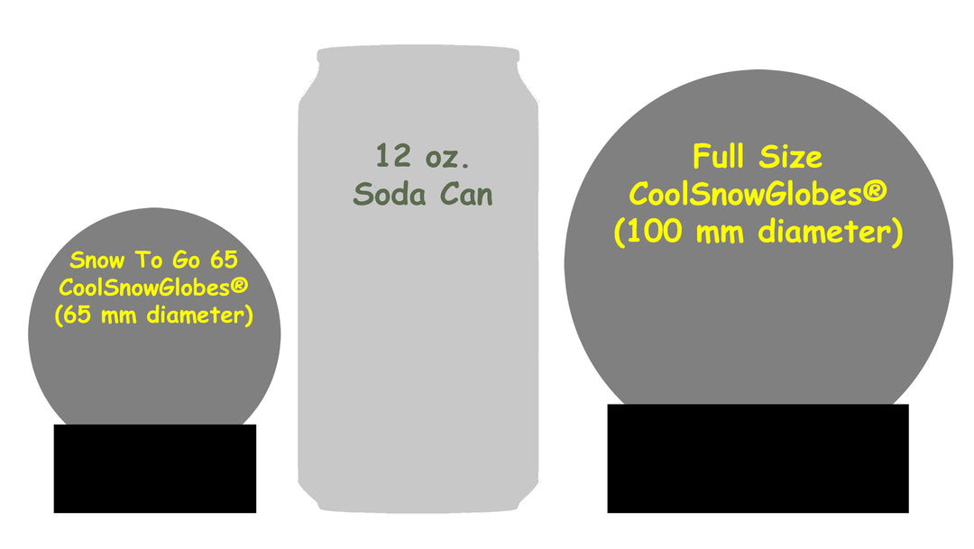 Snow to Go 65mm Small Snow Globe, size compared to 12 ounce soda can and to 100mm full size Cool Snow Globe.