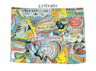 Medium zoom view, unpackaged, showing the whole Doodle Colorado design printed on the towel.