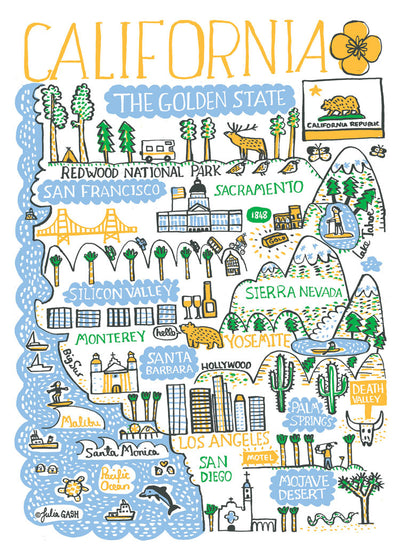 Medium zoom view, unpackaged, showing the whole Statescapes California design printed on the towel.