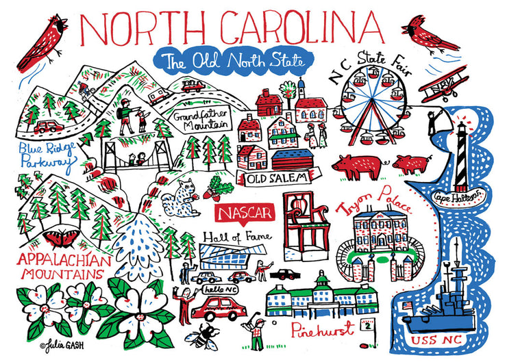 Medium zoom view, unpackaged, showing the whole Statescapes North Carolina design printed on the towel.