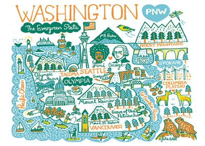 Medium zoom view, unpackaged, showing the whole Statescapes Washington state design printed on the towel.
